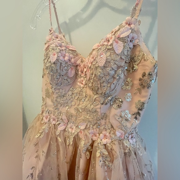 Anjeeli Embroidered Babydoll Short Glitter Dress in rose gold size XS - Picture 3 of 7
